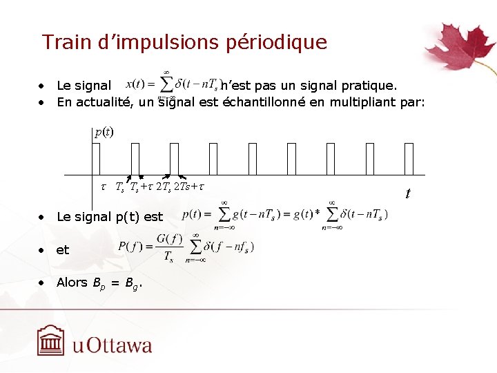 Train d’impulsions périodique • Le signal n’est pas un signal pratique. • En actualité,