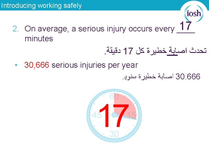 Introducing working safely 17 2. On average, a serious injury occurs every ____ minutes