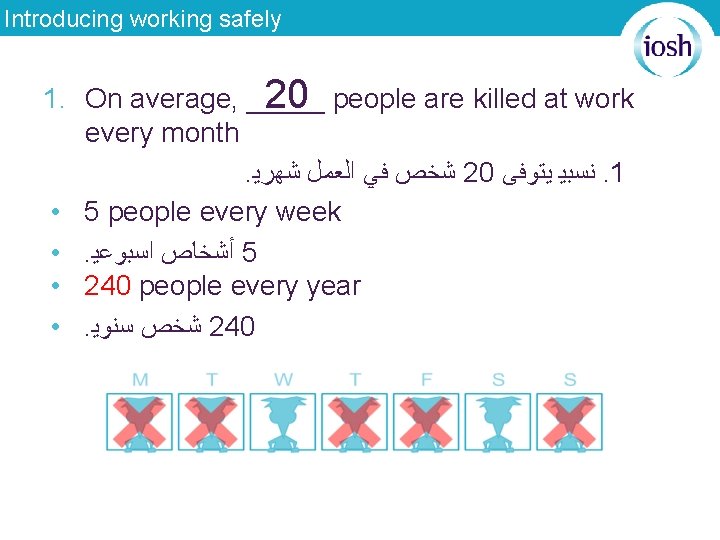 Introducing working safely 1. On average, _____ 20 people are killed at work every