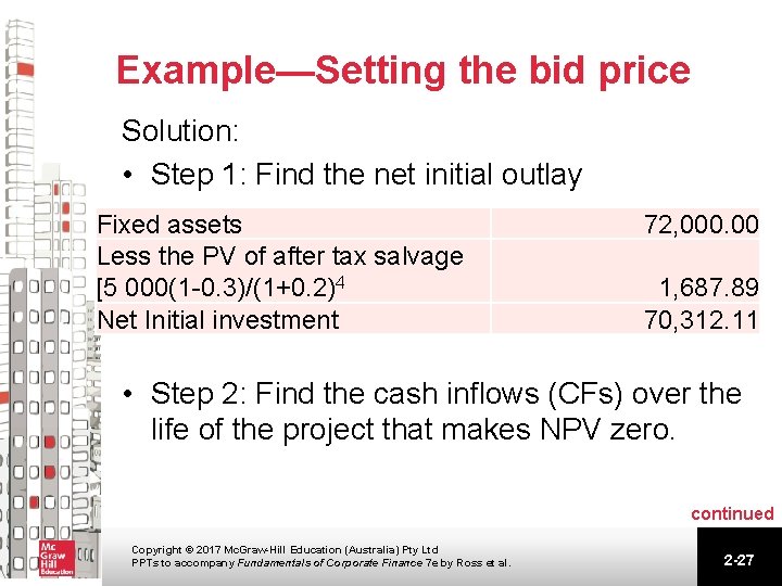 Example—Setting the bid price Solution: • Step 1: Find the net initial outlay Fixed