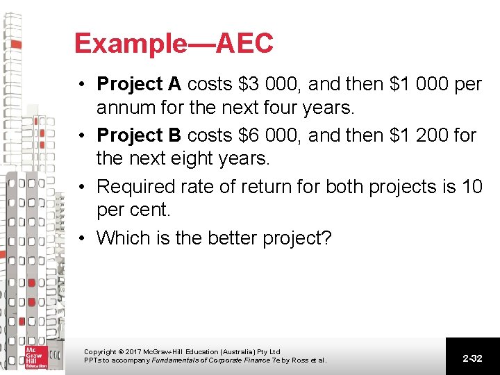 Example—AEC • Project A costs $3 000, and then $1 000 per annum for