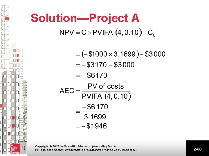 Solution—Project A Copyright © 2017 Mc. Graw-Hill Education (Australia) Pty Ltd PPTs to accompany