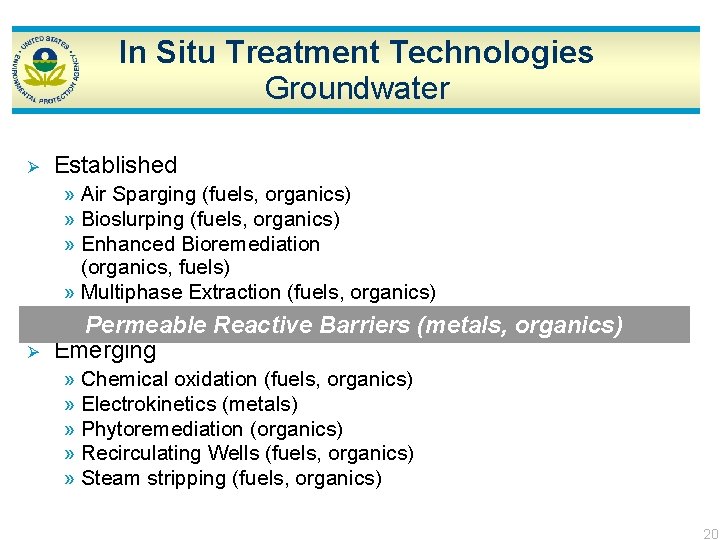 In Situ Treatment Technologies Groundwater Ø Established » Air Sparging (fuels, organics) » Bioslurping