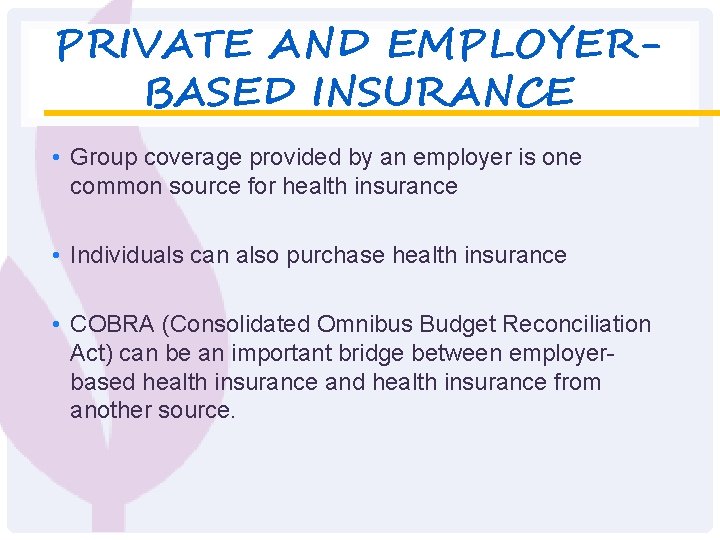 PRIVATE AND EMPLOYERBASED INSURANCE • Group coverage provided by an employer is one common
