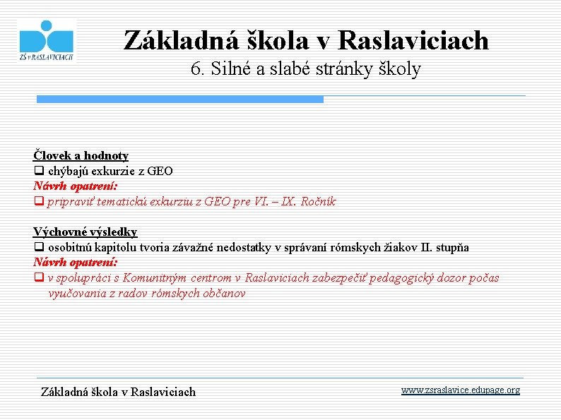 Základná škola v Raslaviciach 6. Silné a slabé stránky školy Človek a hodnoty q