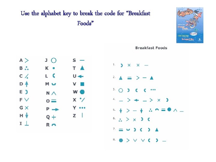 Use the alphabet key to break the code for “Breakfast Foods” 