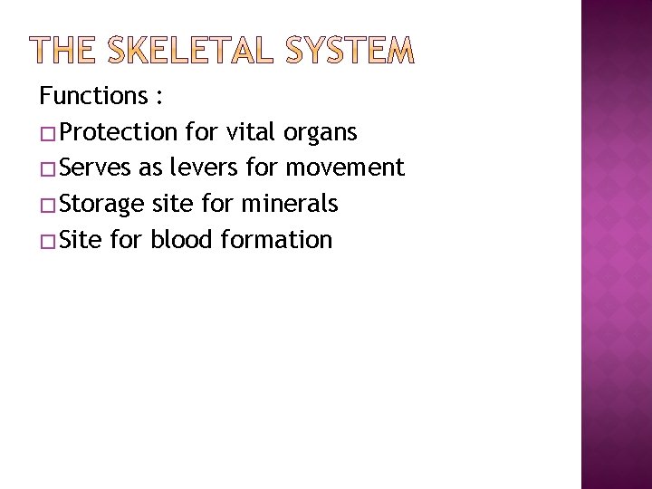 Functions : � Protection for vital organs � Serves as levers for movement � Functions : � Protection for vital organs � Serves as levers for movement �