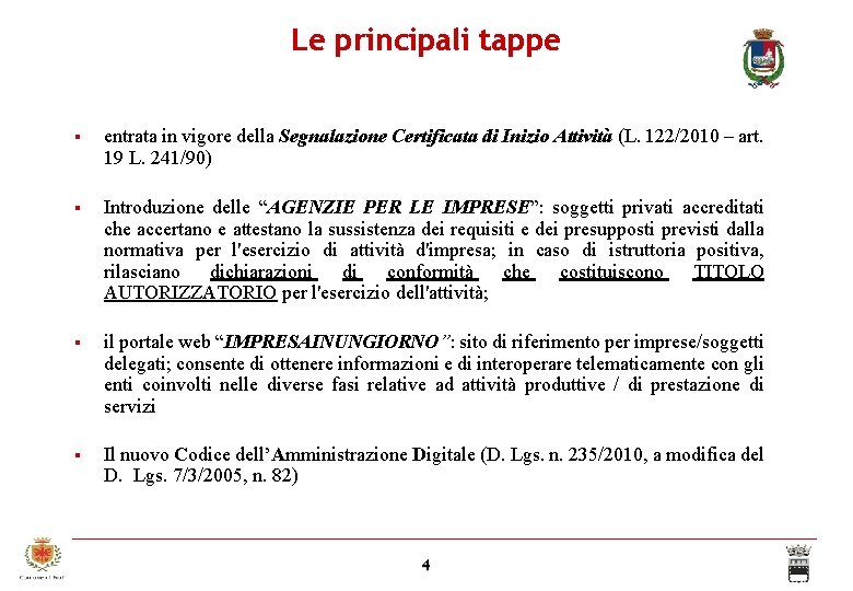 Le principali tappe entrata in vigore della Segnalazione Certificata di Inizio Attività (L. 122/2010