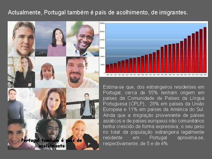 Actualmente, Portugal também é país de acolhimento, de imigrantes. Portugal também é país de