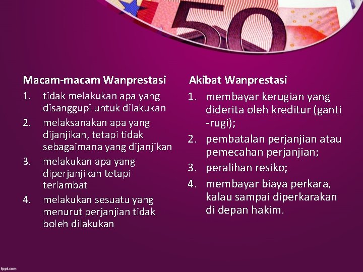 Macam-macam Wanprestasi 1. 2. 3. 4. tidak melakukan apa yang disanggupi untuk dilakukan melaksanakan