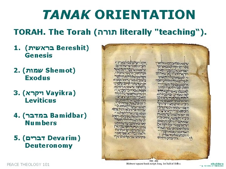 TANAK ORIENTATION TORAH. The Torah ( תורה literally "teaching“). 1. ( בראשית Bereshit) Genesis
