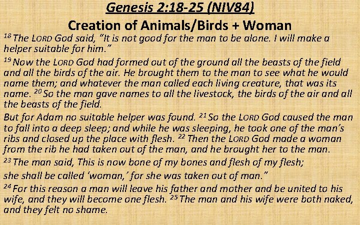 18 The Genesis 2: 18 -25 (NIV 84) Creation of Animals/Birds + Woman LORD