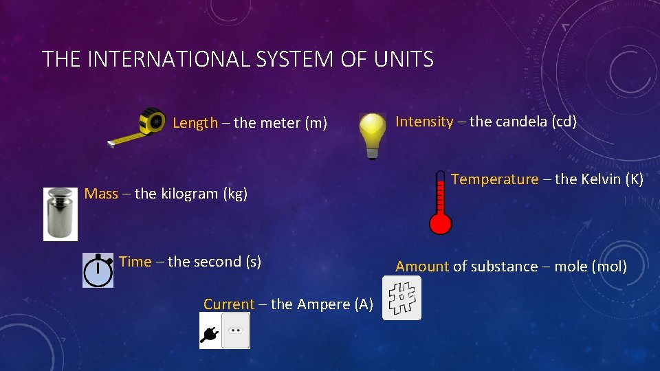 THE INTERNATIONAL SYSTEM OF UNITS Length – the meter (m) Mass – the kilogram