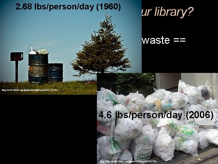 2. 68 lbs/person/day (1960) Why Go Green @ your library? Reducing pollution = less