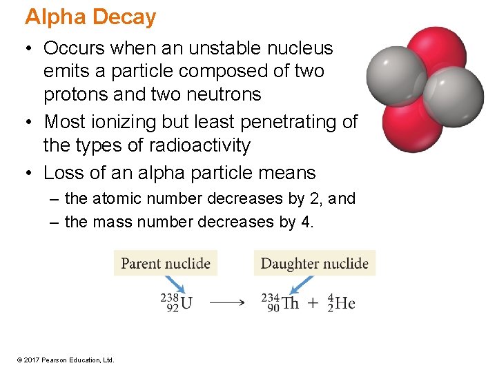 Alpha Decay • Occurs when an unstable nucleus emits a particle composed of two Alpha Decay • Occurs when an unstable nucleus emits a particle composed of two
