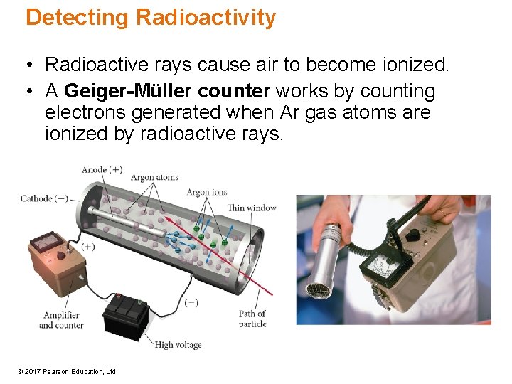 Detecting Radioactivity • Radioactive rays cause air to become ionized. • A Geiger-Müller counter Detecting Radioactivity • Radioactive rays cause air to become ionized. • A Geiger-Müller counter