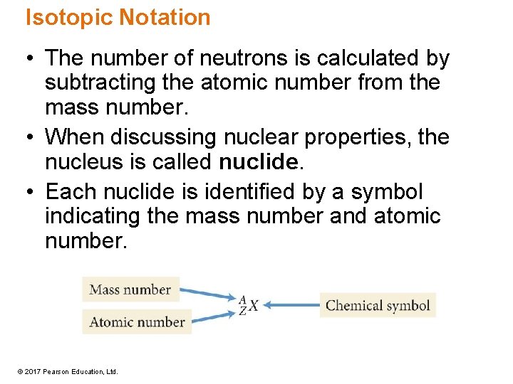 Isotopic Notation • The number of neutrons is calculated by subtracting the atomic number Isotopic Notation • The number of neutrons is calculated by subtracting the atomic number