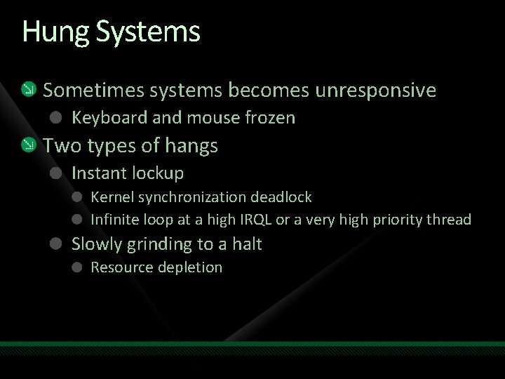Hung Systems Sometimes systems becomes unresponsive Keyboard and mouse frozen Two types of hangs