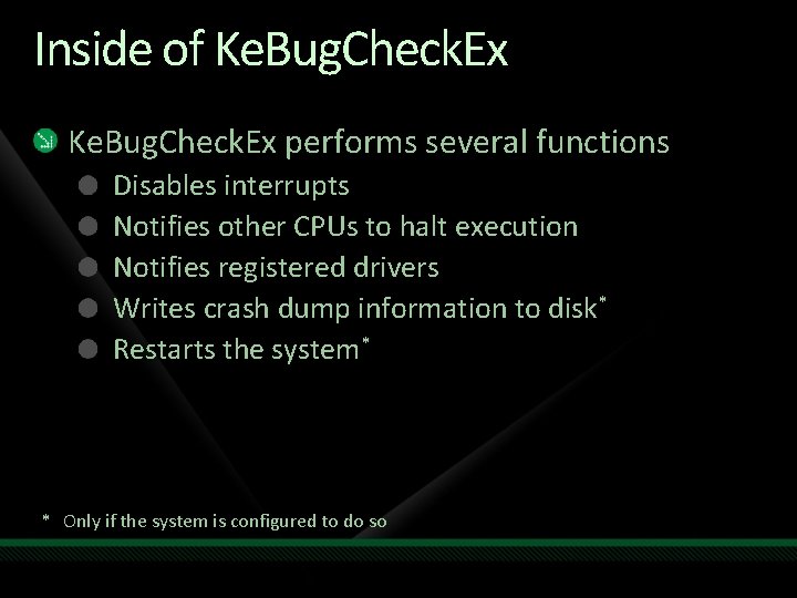 Inside of Ke. Bug. Check. Ex performs several functions Disables interrupts Notifies other CPUs