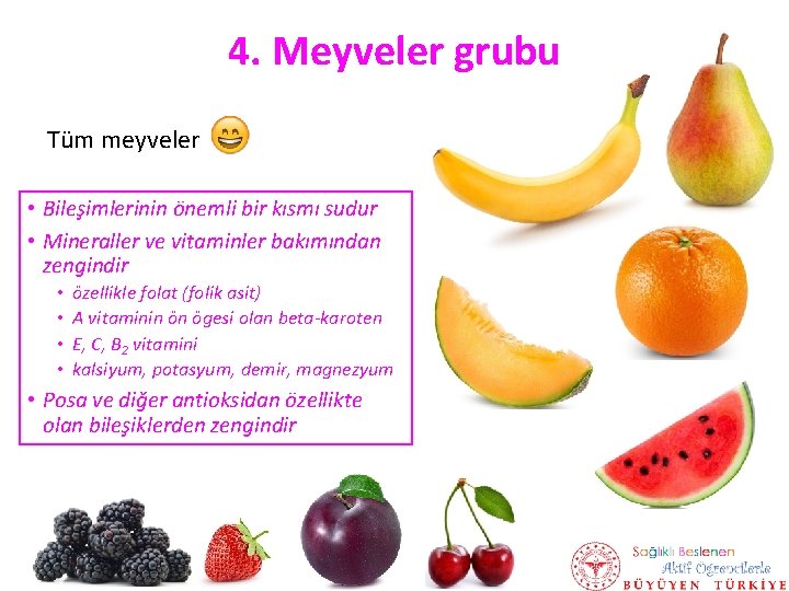 4. Meyveler grubu Tüm meyveler • Bileşimlerinin önemli bir kısmı sudur • Mineraller ve