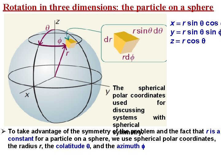 Rotation in three dimensions: the particle on a sphere x = r sin cos