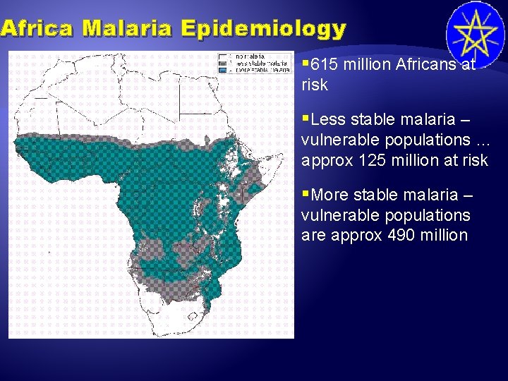 Africa Malaria Epidemiology § 615 million Africans at risk §Less stable malaria – vulnerable