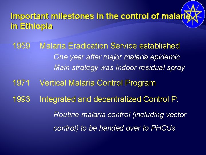 Important milestones in the control of malaria in Ethiopia 1959 Malaria Eradication Service established