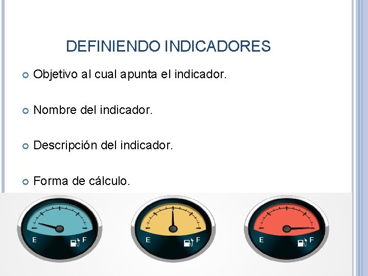 DEFINIENDO INDICADORES Objetivo al cual apunta el indicador. Nombre del indicador. Descripción del indicador.