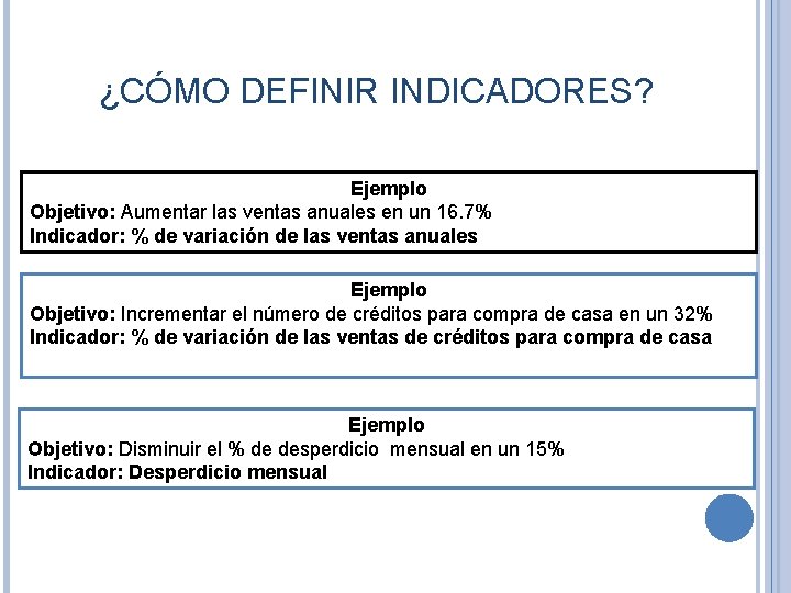 ¿CÓMO DEFINIR INDICADORES? Ejemplo Objetivo: Aumentar las ventas anuales en un 16. 7% Indicador: