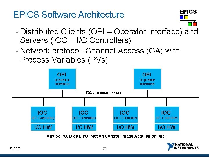 EPICS Software Architecture Distributed Clients (OPI – Operator Interface) and Servers (IOC – I/O
