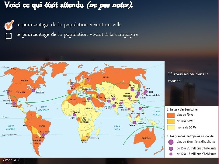 Voici ce qui était attendu (ne pas noter). le pourcentage de la population vivant