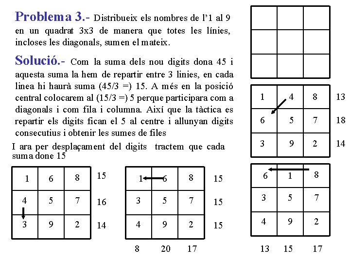 Problema 3. - Distribueix els nombres de l’ 1 al 9 en un quadrat