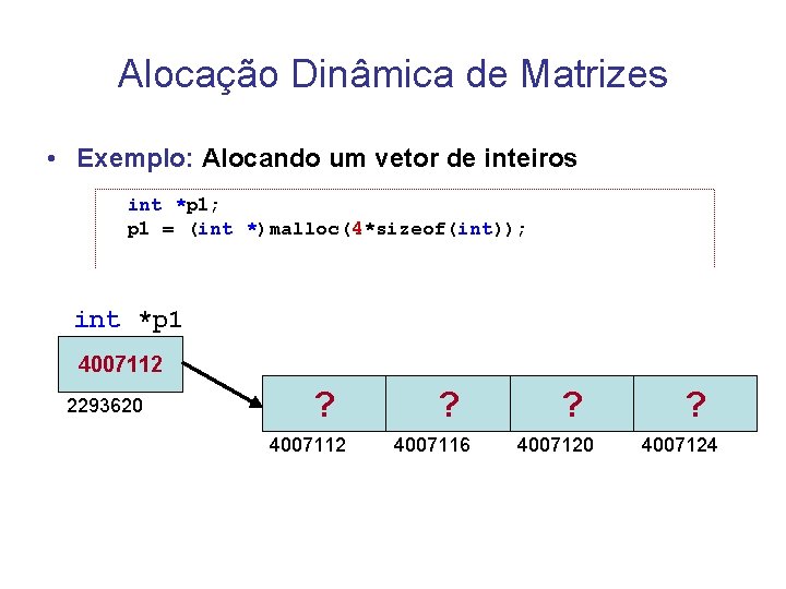 Alocação Dinâmica de Matrizes • Exemplo: Alocando um vetor de inteiros int *p 1; Alocação Dinâmica de Matrizes • Exemplo: Alocando um vetor de inteiros int *p 1;