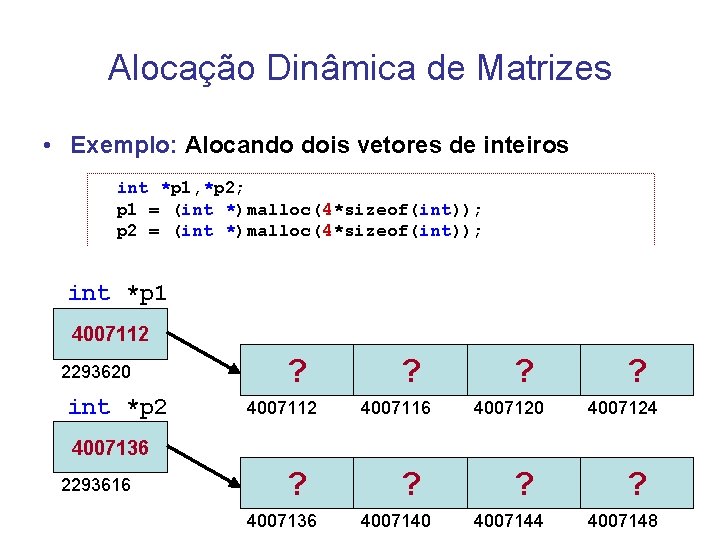 Alocação Dinâmica de Matrizes • Exemplo: Alocando dois vetores de inteiros int *p 1, Alocação Dinâmica de Matrizes • Exemplo: Alocando dois vetores de inteiros int *p 1,