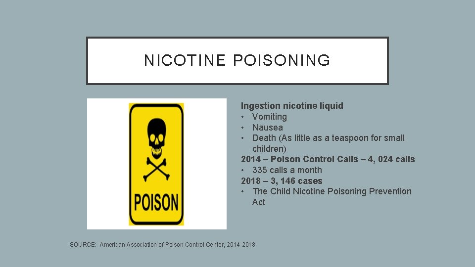 NICOTINE POISONING Ingestion nicotine liquid • Vomiting • Nausea • Death (As little as