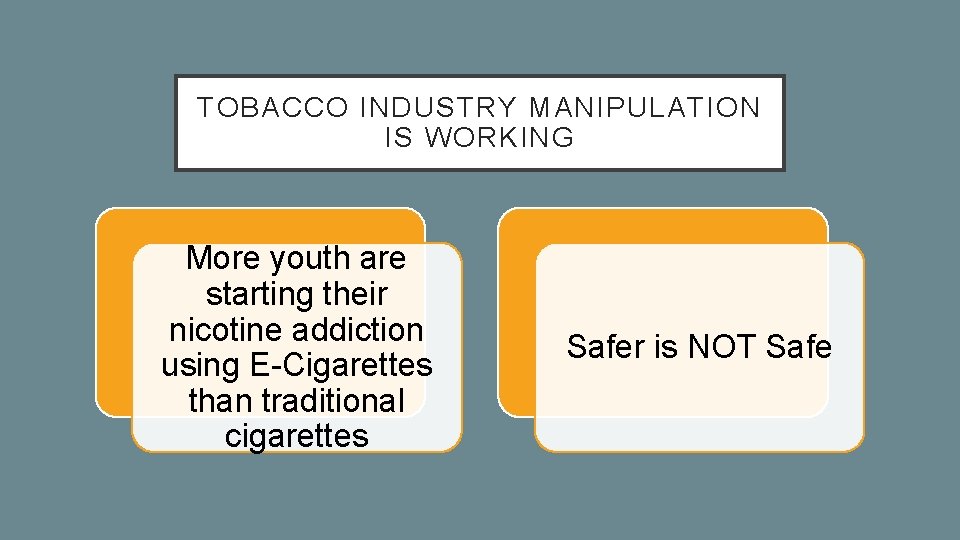 TOBACCO INDUSTRY MANIPULATION IS WORKING More youth are starting their nicotine addiction using E-Cigarettes