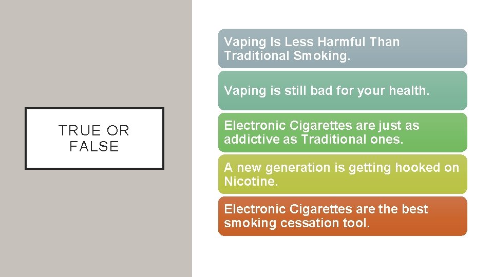 Vaping Is Less Harmful Than Traditional Smoking. Vaping is still bad for your health.