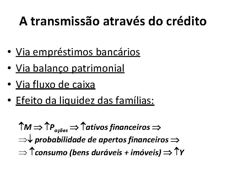 A transmissão através do crédito • • Via empréstimos bancários Via balanço patrimonial Via