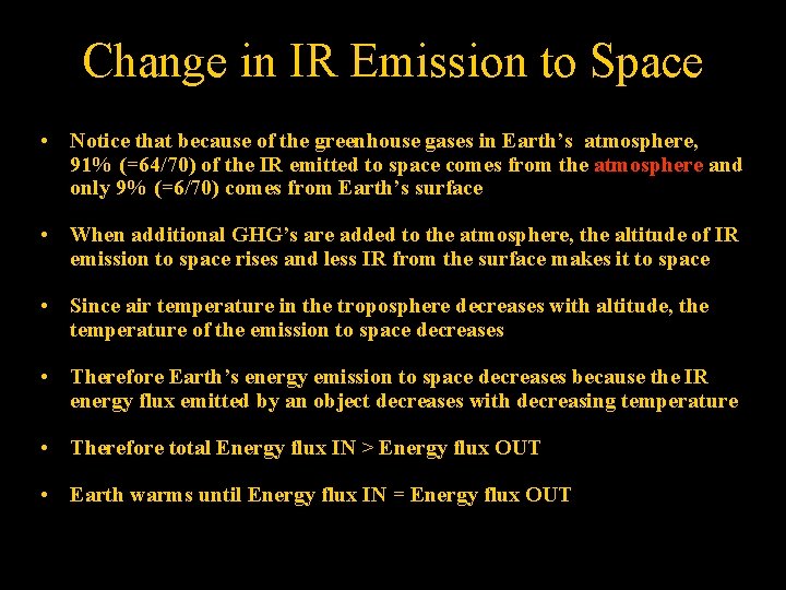 Change in IR Emission to Space • Notice that because of the greenhouse gases