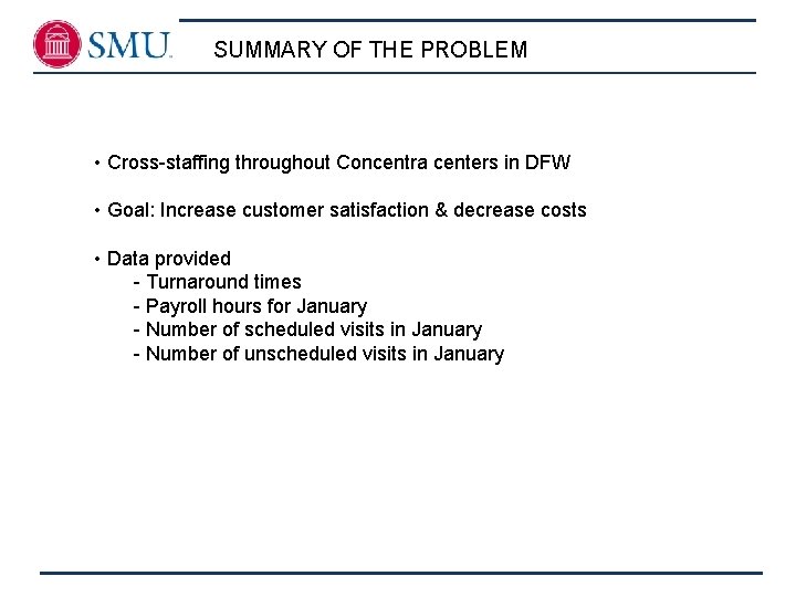 SUMMARY OF THE PROBLEM • Cross-staffing throughout Concentra centers in DFW • Goal: Increase