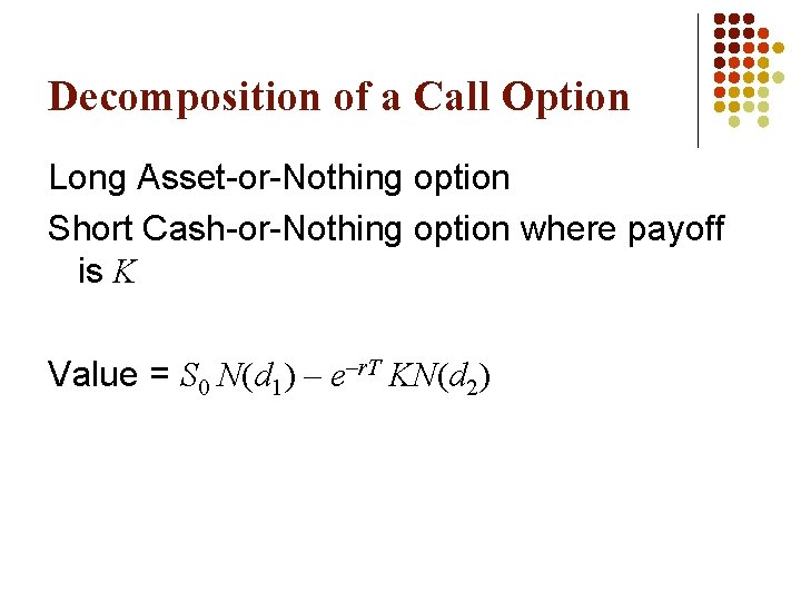 Decomposition of a Call Option Long Asset-or-Nothing option Short Cash-or-Nothing option where payoff is