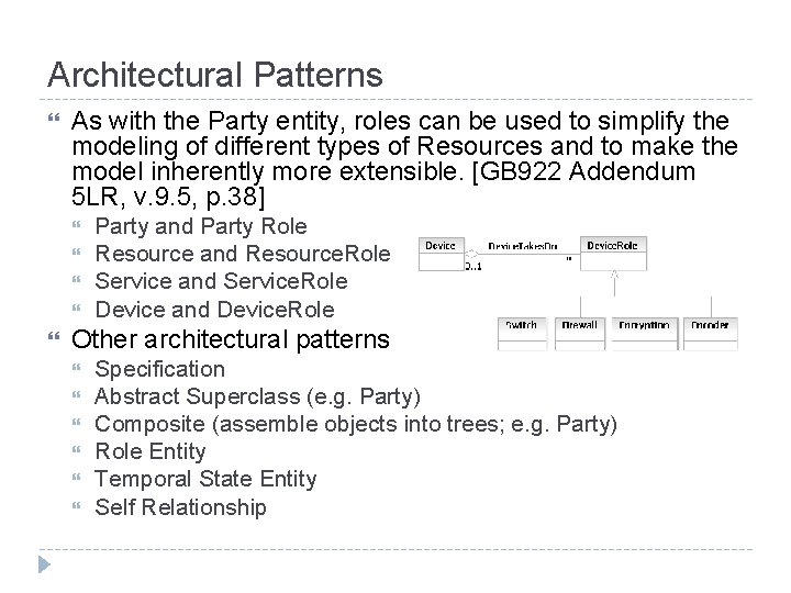 Architectural Patterns As with the Party entity, roles can be used to simplify the