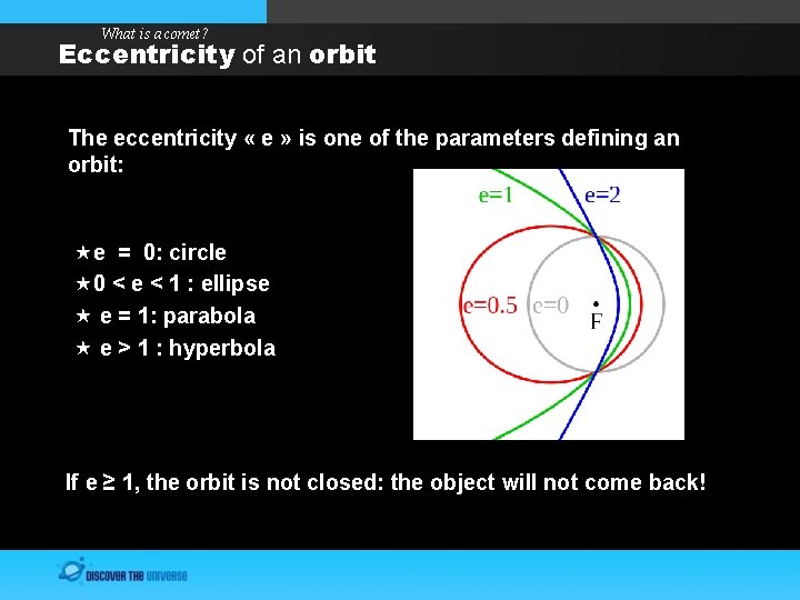 What is a comet? Eccentricity of an orbit The eccentricity « e » is