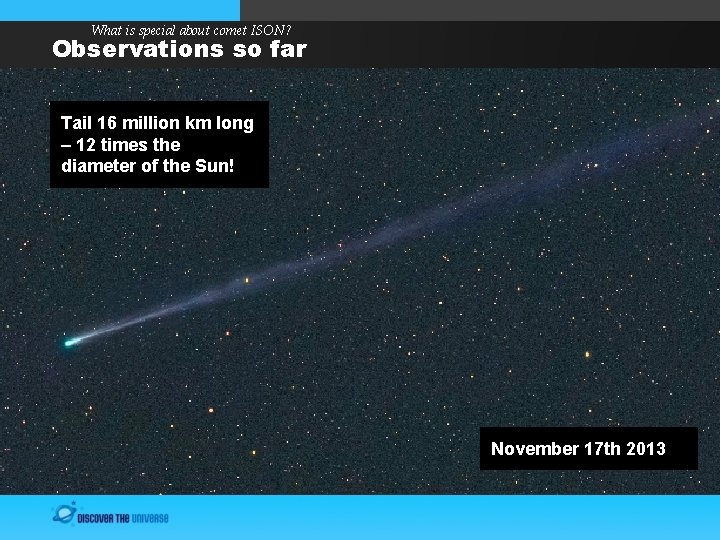 What is special about comet ISON? Observations so far Tail 16 million km long