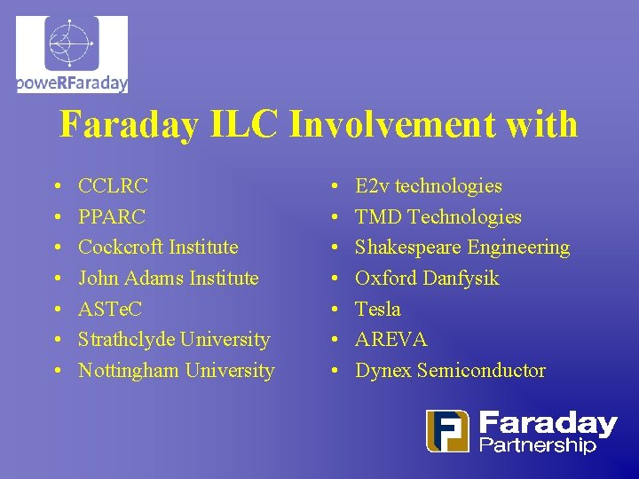 Faraday ILC Involvement with • • CCLRC PPARC Cockcroft Institute John Adams Institute ASTe.