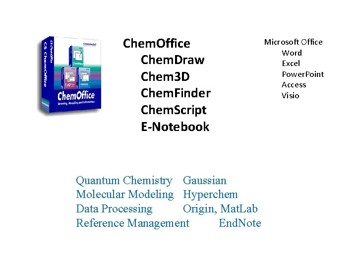 Chem. Office Chem. Draw Chem 3 D Chem. Finder Chem. Script E-Notebook Quantum Chemistry