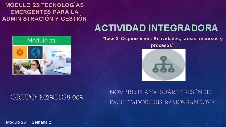 MÓDULO 23: TECNOLOGÍAS EMERGENTES PARA LA ADMINISTRACIÓN Y GESTIÓN ACTIVIDAD INTEGRADORA “fase 3. Organización.