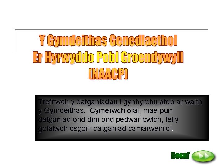 Trefnwch y datganiadau i gynhyrchu ateb ar waith y Gymdeithas. Cymerwch ofal, mae pum