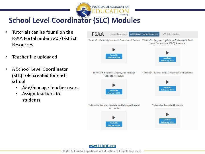 School Level Coordinator (SLC) Modules • Tutorials can be found on the FSAA Portal