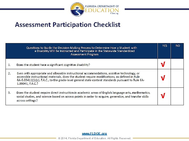 Assessment Participation Checklist √ √ √ www. FLDOE. org © 2014, Florida Department of